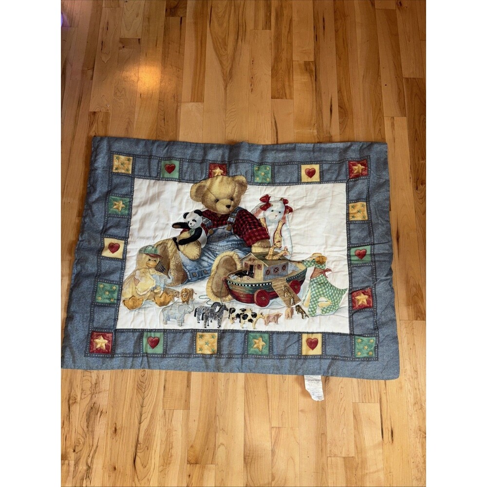 Blue Jean Teddy Bear Quilt Baby Blanket Comforter Noahs Ark With Crib Sheets
